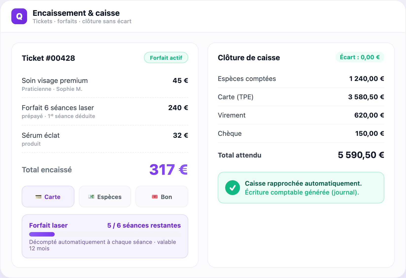 Qleven checkout and cash-close screen for beauty centers
