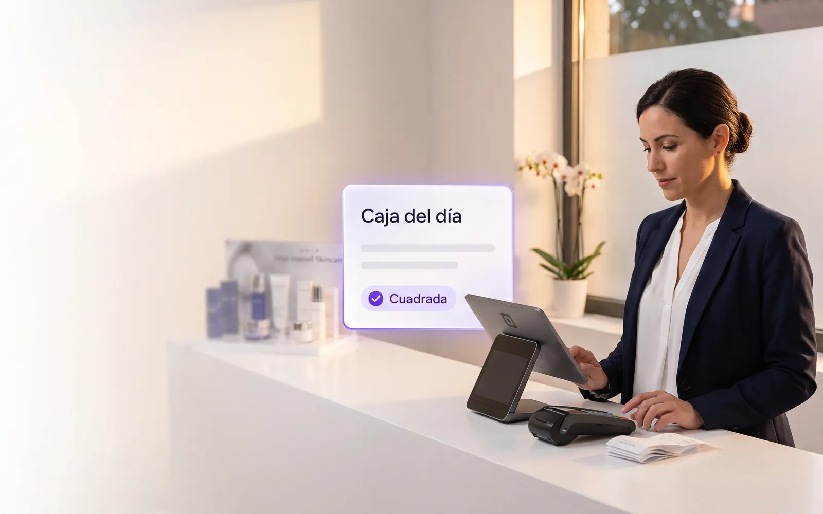 Receptionist reconciling the daily till and session packages at an aesthetic center