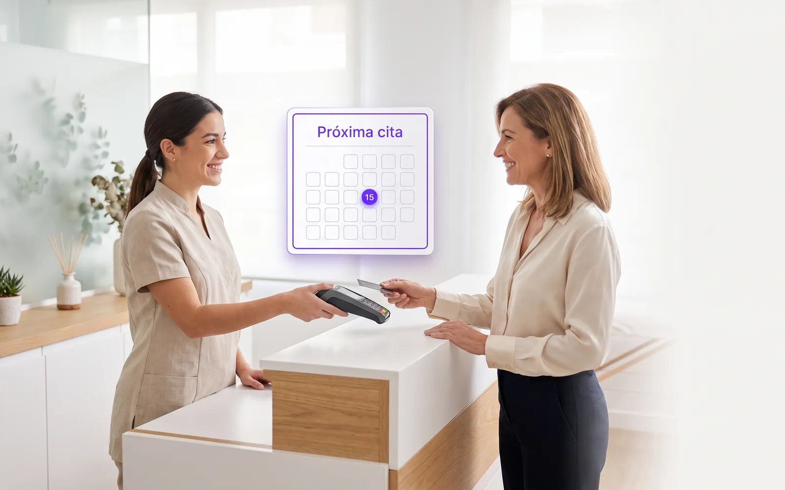 Client confirming her next appointment at an aesthetic center front desk