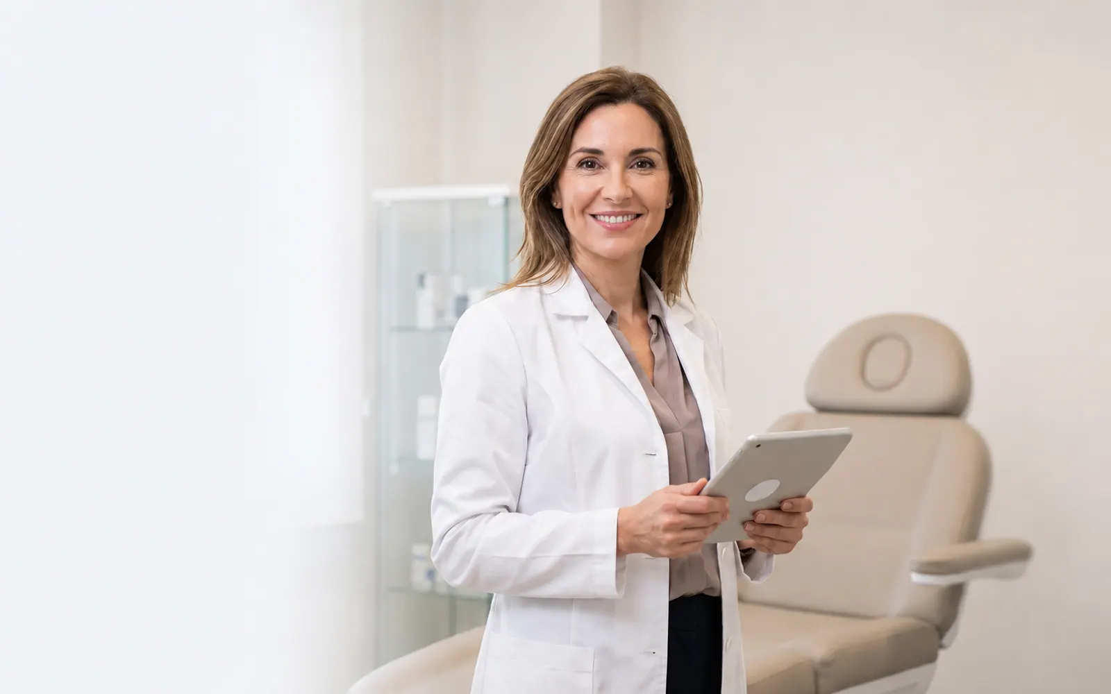 Doctora consultando la historia clínica y el consentimiento firmado en el CRM de su clínica estética