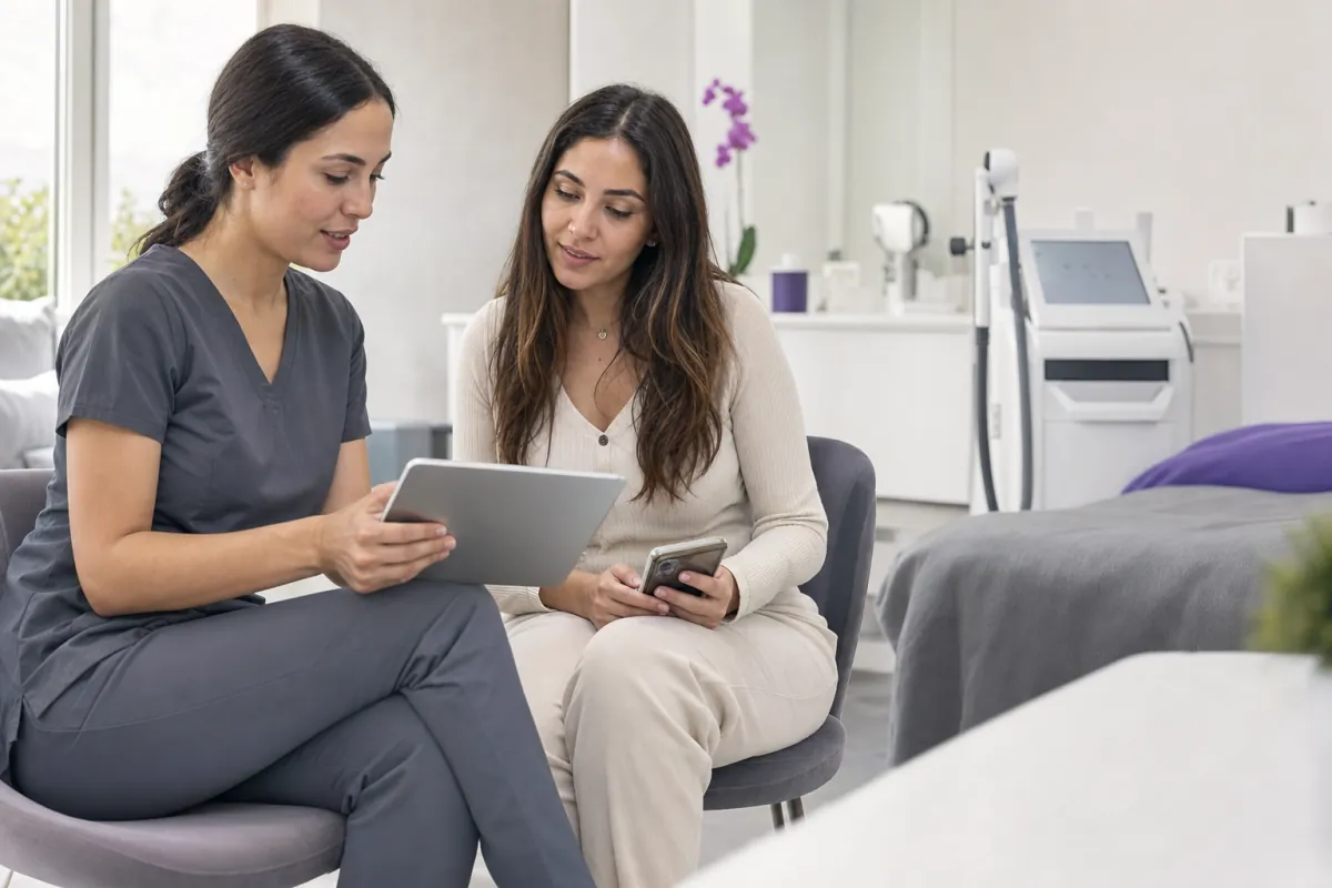 Practitioner and client reviewing treatment follow-up together